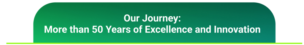 A green banner with rounded top edges displays the text: Our Journey: More than 50 Years of Excellence and Innovation..