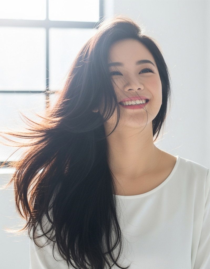 A woman with long dark hair smiles warmly as sunlight streams through a window behind her, wearing a white top in a bright, airy room.