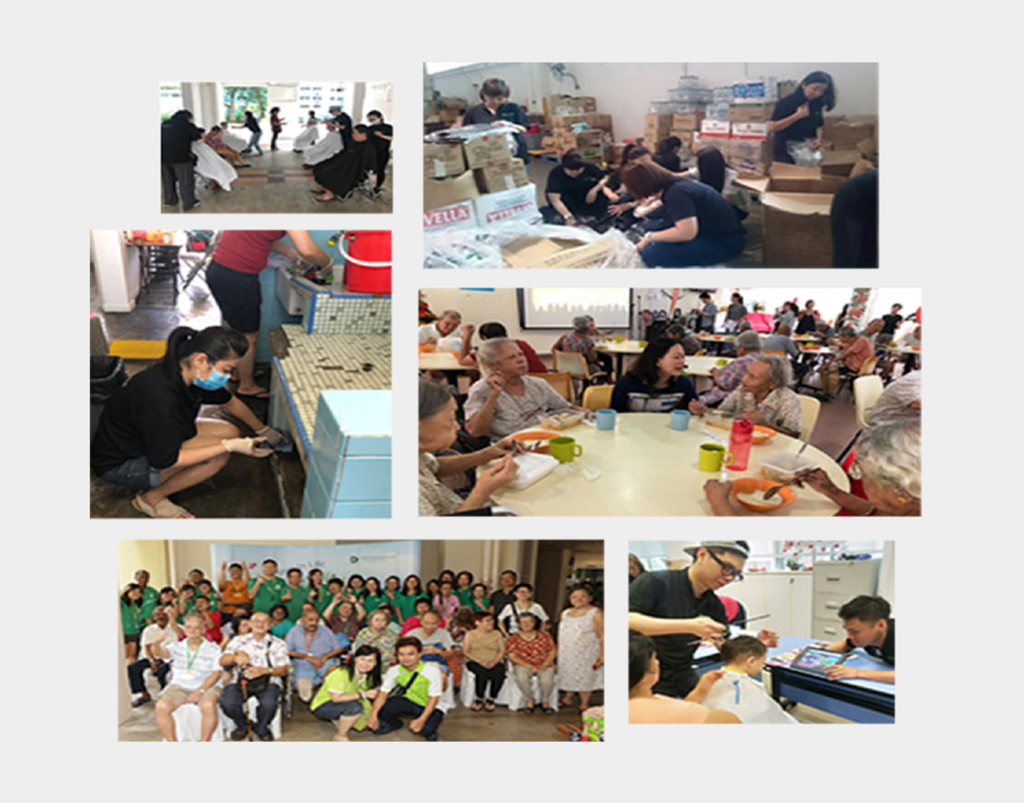 A collage of volunteers cutting hair, distributing supplies, serving food, interacting with elderly people, and posing for a group photo in a community setting.