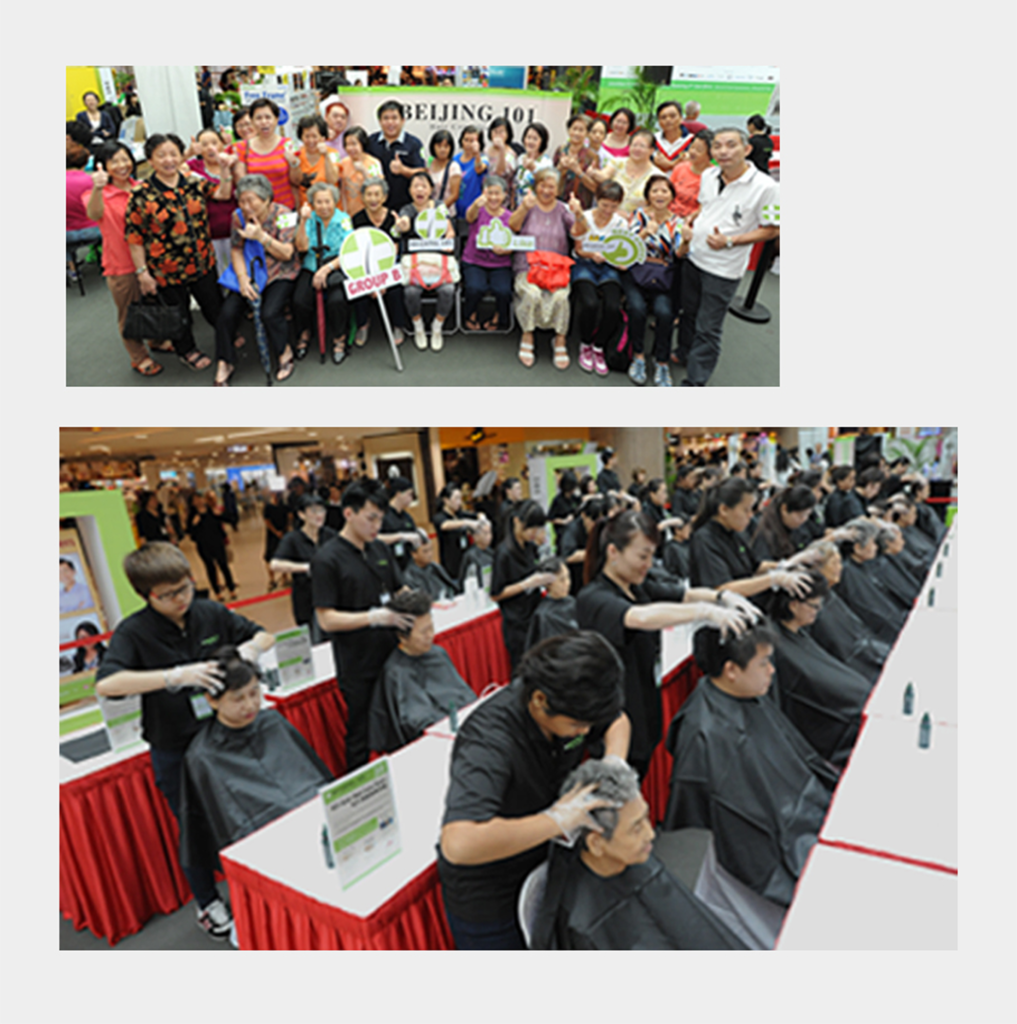 Top: A group of people pose and smile for a photo indoors. Bottom: Several people receive hair treatments from staff wearing black uniforms at a public event, sitting in a row with capes draped over them.